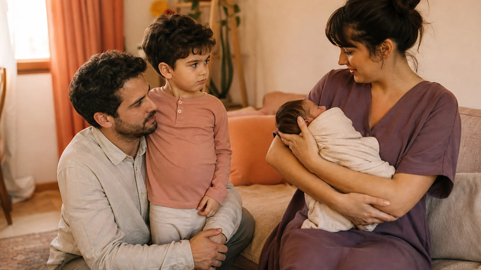 Kardeş kıskançlığı yaşayan bir çocuk ve ailesinin evdeki duygusal anları.