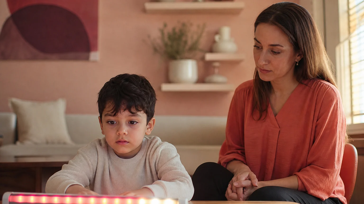 EMDR Terapisi Seansı EMDR terapisi seansında hareket eden ışık çubuğunu takip eden küçük çocuk.