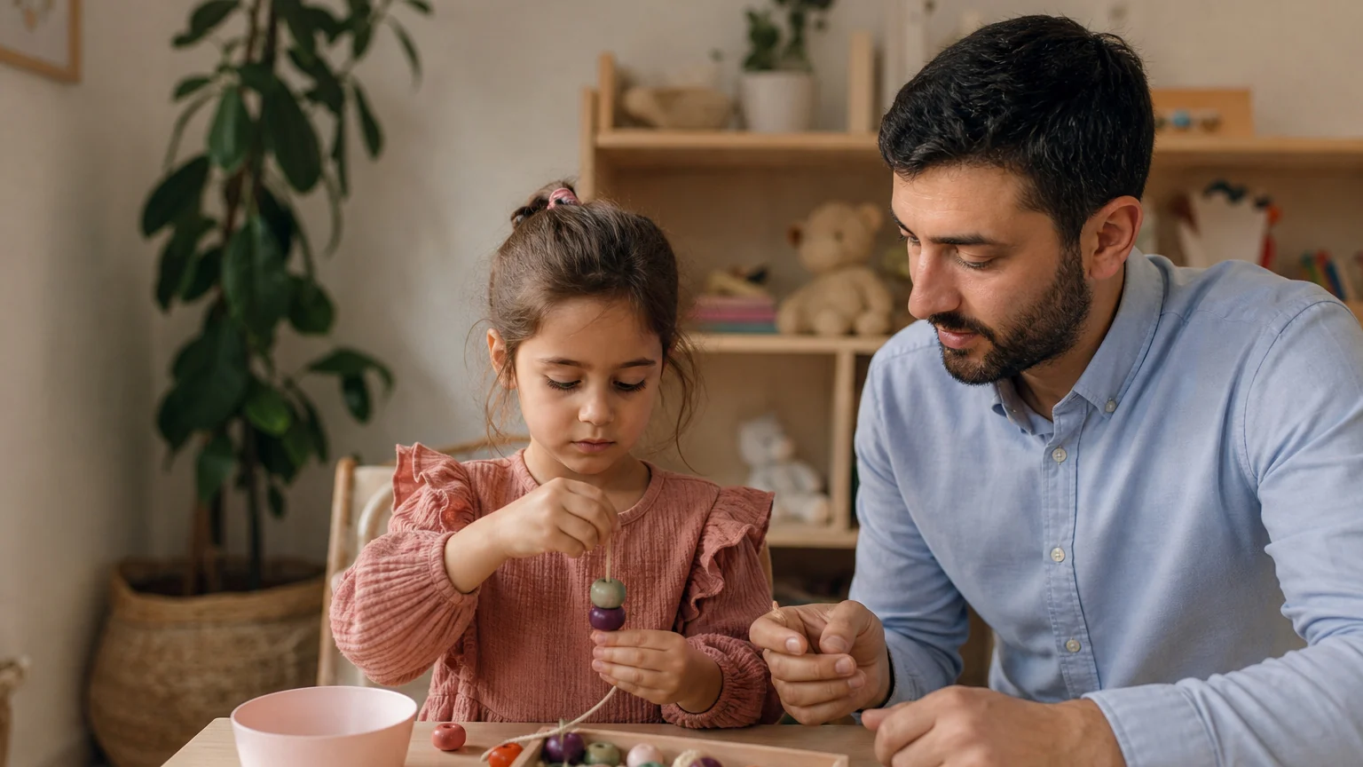 Nörogelişimsel Bozukluk Değerlendirmesi Büyük boncukları ipe dizen kızın eline terapisti rehberlik ederken, nörogelişimsel bozukluk değerlendirmesi yapılmaktadır.